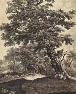 An Old Oak And A Farm House In A Wooded Landscape
