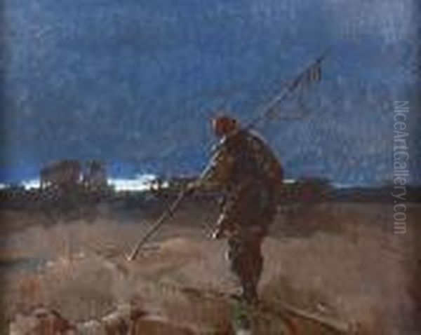 Stimmungsvolle Abendliche Landschaft Mit Fischer. - view 1