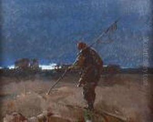 Stimmungsvolle Abendliche Landschaft Mit Fischer. by Sergej Michaijlovic Kolesnikov