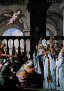 St. Genevieve Receiving a Palm from St. Medard on Palm Sunday by Michel des Gobelins Corneille