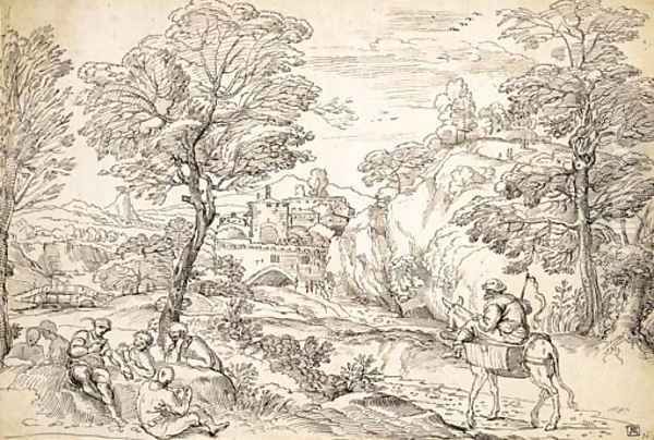 An extensive wooded landscape with a muleteer on a path and card-players in the foreground, a fortified town beyond, after Grimaldi - view 1
