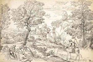 An extensive wooded landscape with a muleteer on a path and card-players in the foreground, a fortified town beyond, after Grimaldi