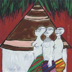Three women in front of a hut