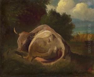 Liegende Kuh Vor Seeuferlandschaft by Rudolf Koller