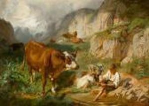 Hirtenknabe Mit Herde In Den Bergen by Rudolf Koller