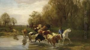 Kuhe Mit Reiter Am Wasser Beim Zurichhorn by Rudolf Koller