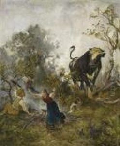 Junger Stier, Kinder Erschreckend by Rudolf Koller