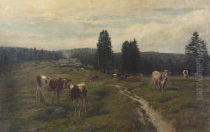 Weidende Rinder Auf Der Alp La Capitaine. by Rudolf Koller