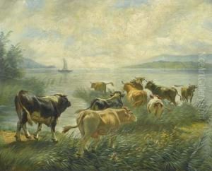 Cows At The Lakeside. by Rudolf Koller