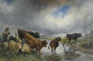 Herd Crossing At Ford. by Rudolf Koller
