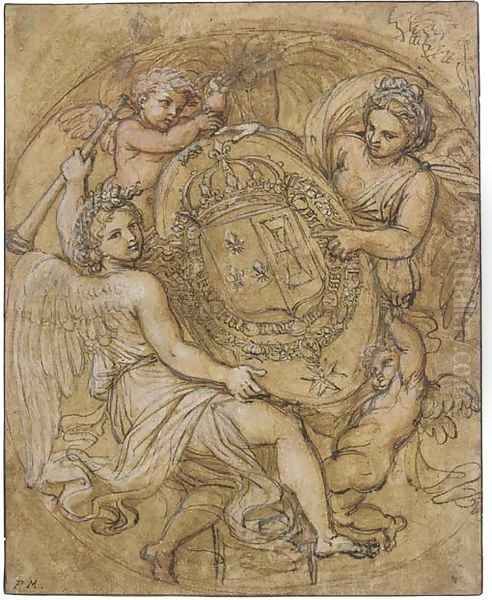 The coat of arms of France and Navarre, surrounded with the Order of Saint Michel, supported by Fame, Glory and two putti - view 1