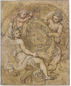 The coat of arms of France and Navarre, surrounded with the Order of Saint Michel, supported by Fame, Glory and two putti by Michel des Gobelins Corneille