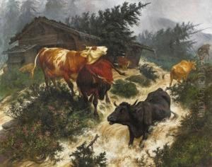 Kuhe Im Sturm. by Rudolf Koller