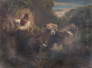 Hirtin Und Knabe Mit Kuhen Und Schafen. by Rudolf Koller