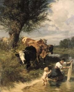 Kuhe Und Wascherin Am Bach by Rudolf Koller