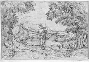 Venus and Adonis with Cupid and putti by a chariot in an extensive landscape, after Albani by Michel des Gobelins Corneille