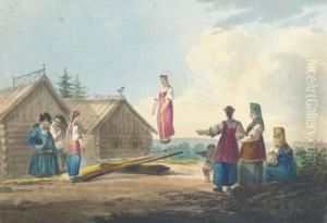 Peasant Girls Playing On A See-saw; And Journey To Market by Carl Ivanovitch Kollmann