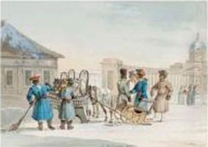 Coachmen Outside The Cathedral Of The Mother Of God Of Kazan, St. Petersburg by Carl Ivanovitch Kollmann
