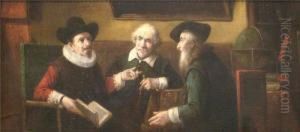 Renaissance-stubeninterieur Mit Drei Herren Im Gesprach by Lajos Kolozsvary