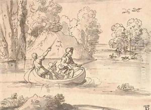 Three men shooting duck from a boat by Michel des Gobelins Corneille