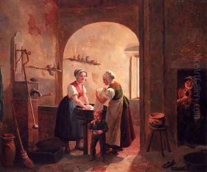 Washerwomen In A Sunlit Basement With A Young Boy Blowing Bubbles by Constantin Fidele Coene