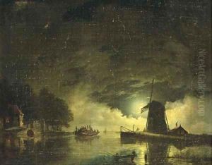 A ferry crossing by moonlight by Hendrik Gerrit ten Cate