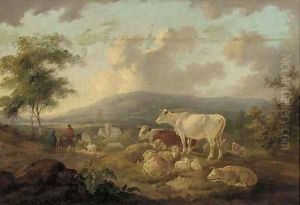 Figures on a track returning to a village, cattle and sheep in the foreground