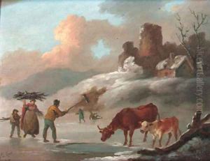 Figures and cattle on a frozen lake