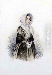 Portrait of a Young lady in a Bonnet with White Gloves, 1840 by F. Camaret