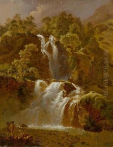 Wasserfall Mit Personenstaffage Im Vordergrund by Franz Niklaus Konig