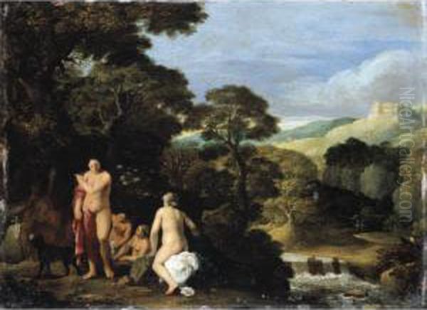 Nuremberg 1586 - 1642 And
Attributed To Cornelis Van Poelenburch Utrecht 1594/5 - 1667 Diana And
Her Nymphs In A Bosky Landscape Setting - view 1
