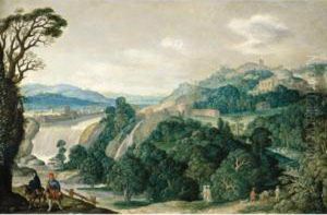 An Extensive Landscape With The Flight Into Egypt by Johann Konig