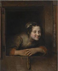 A Young Woman Leaning Out Of A Window by Philips Koninck