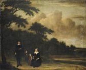 Group Portrait Of A Gentleman
And A Lady With Their Children In An Extensive Wooded Landscape by Philips Koninck