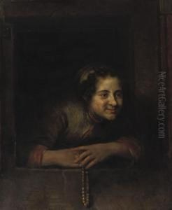 A Young Woman Leaning Out Of A Window, Holding A Pearl Necklace A Young Woman Leaning Out Of A Window, Holding A Pearl Necklace