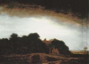 A Wooded Landscape With A
Cottage By A Path At Dusk, An Artistsketching In The Foreground by Philips Koninck