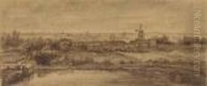 An Extensive Landscape With A 
Lake In The Foreground, A Mill In Themiddle Distance And A Town Beyond