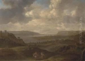 An Extensive Coastal Landscape With Travellers On A Path by Philips Koninck