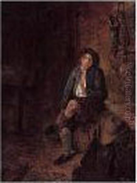 Stable Interior With A Young Boy Seated On A Barrel - view 1