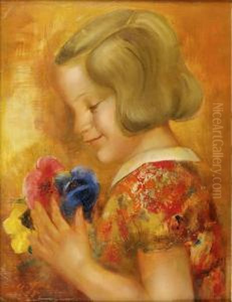 Portrait De Fillette Aux Fleurs Huile Sur Toile Signee En Bas A Gauche - view 1