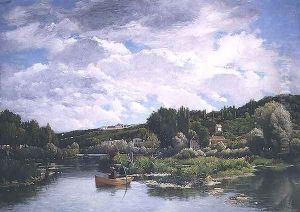 Lake scene with fishermen and cottages behind by Alexina Cherpin