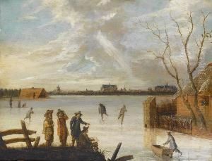 A Winter Landscape With A Man 
Sketching And With Figures Skating In The Foreground, A View To A Town 
Beyond