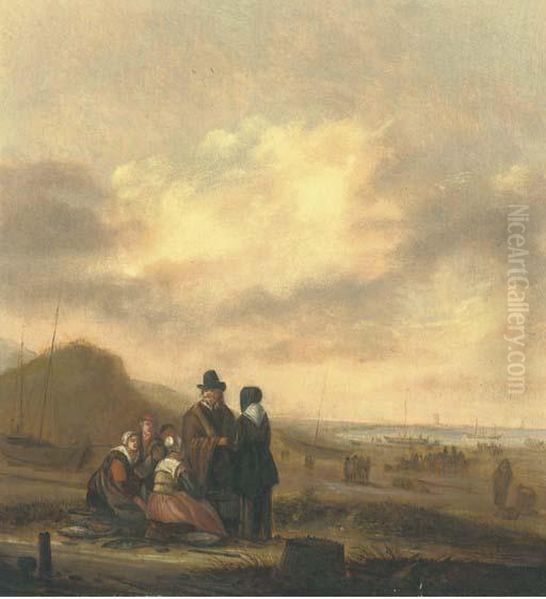 Fisherfolk On The Beach With Sailing Vessels Beyond - view 1
