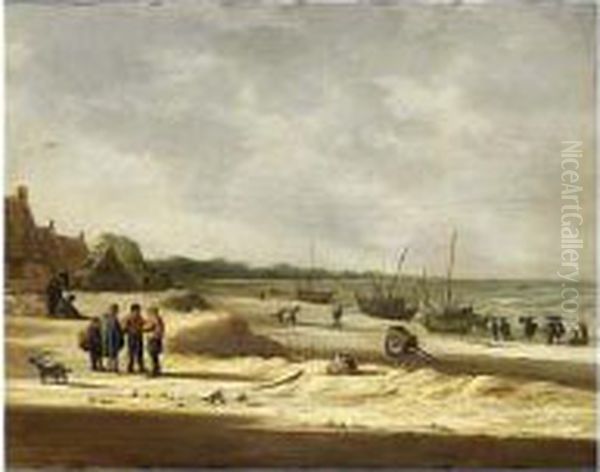 A Beach Scene With Fisherfolk In A Dune Village And Fishing Boats Moored - view 1