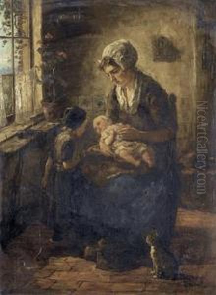 Mutter Mit Saugling Und Kind In Interieur. - view 1
