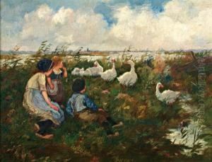 Drie Kinderen Bij Ganzen Aan De Waterkant by Cornelis Koppenol