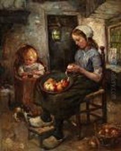 Boerenbinnenhuis Met Appelschillend Meisje En Kindje by Cornelis Koppenol