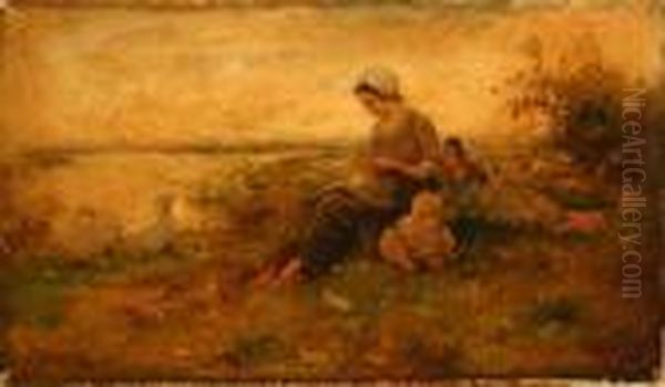 Young Family Resting Along A Riverbank Withgeese - view 1