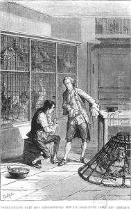 Abbot Lazzaro Spallanzani (1729-99) investigating the physiology of digestion on birds, illustration from 'La vie et les moeurs des animaux' par Louis Figuier (1819-94) Paris, 1868 by Claverie
