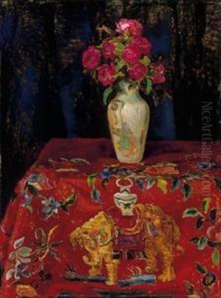 Bunch Of Roses On An Elephant-patterned Tablecloth - view 1